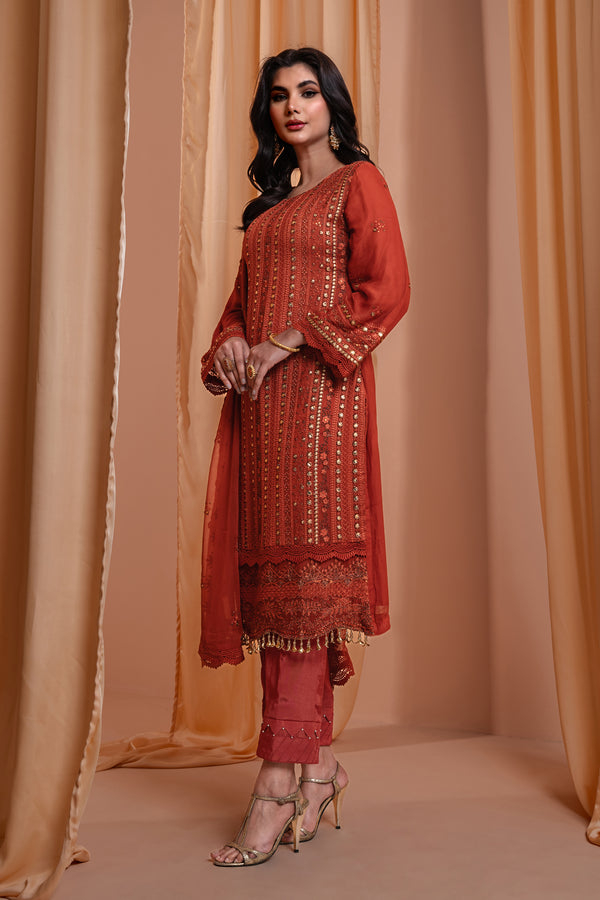 3PC EMBROIDERY CHIFFON SUIT - RUST