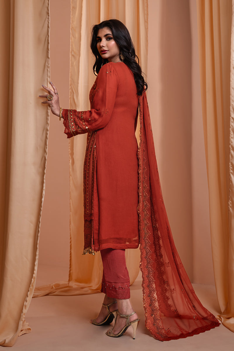 3PC EMBROIDERY CHIFFON SUIT - RUST