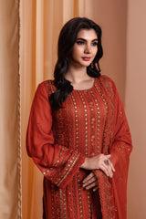 3PC EMBROIDERY CHIFFON SUIT - RUST