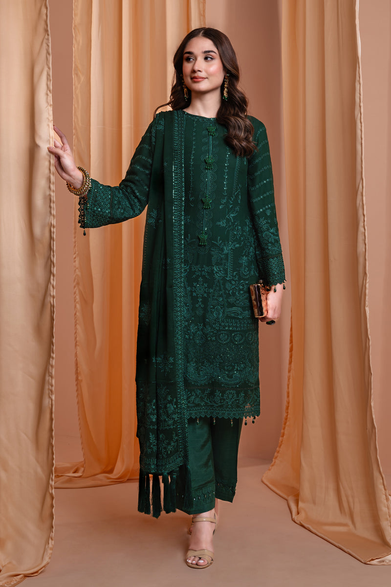 22MWFC1017-Emeraled Green, Pakistani Indian Eastern Dress, Party Wear, Formal Embroidery Dress