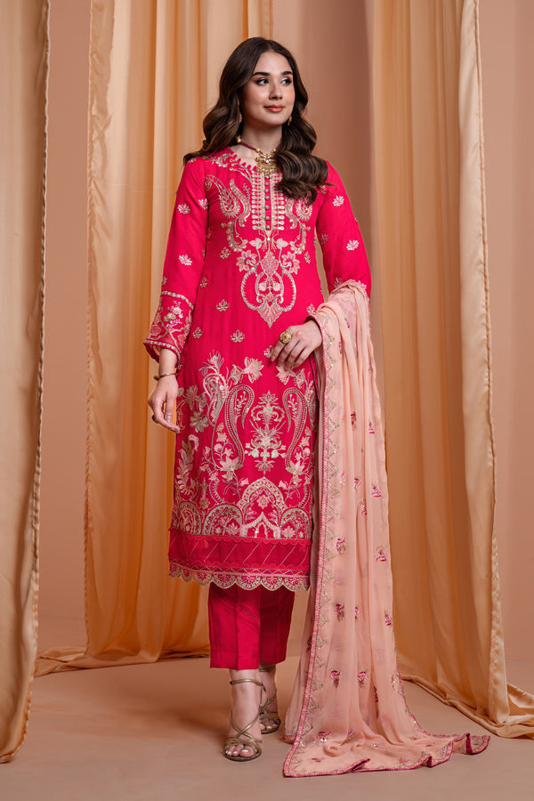 3PC EMBROIDERY CHIFFON SUIT - PINK