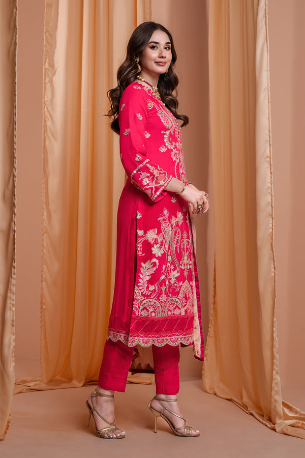 3PC EMBROIDERY CHIFFON SUIT - PINK