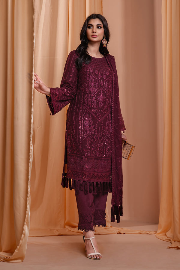 3PC EMBROIDERY CHIFFON SUIT - VINE