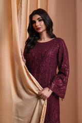 3PC EMBROIDERY CHIFFON SUIT - VINE