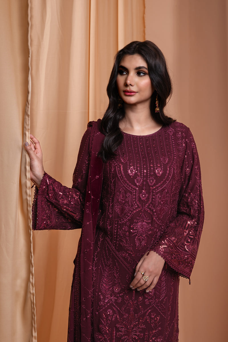 3PC EMBROIDERY CHIFFON SUIT - VINE