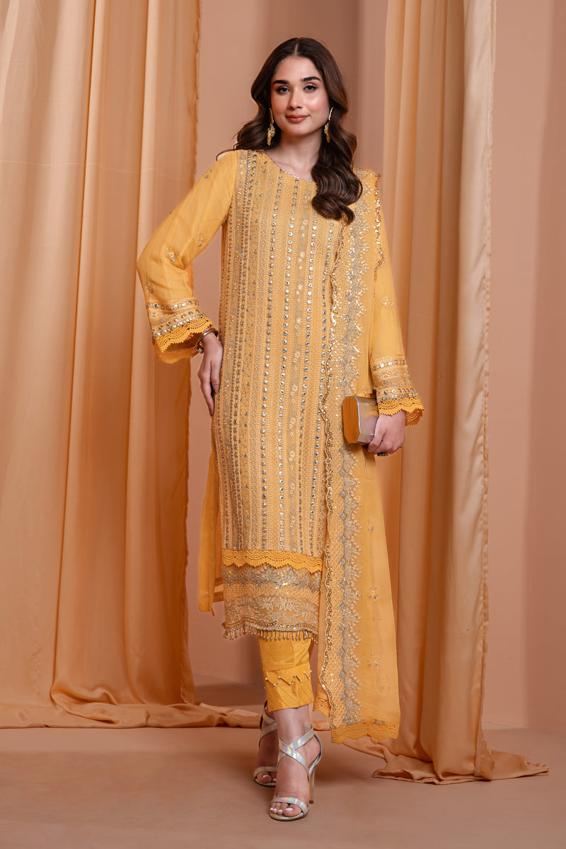 3PC EMBROIDERY CHIFFON SUIT - YELLOW