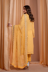 3PC EMBROIDERY CHIFFON SUIT - YELLOW