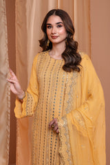 3PC EMBROIDERY CHIFFON SUIT - YELLOW