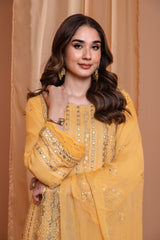 3PC EMBROIDERY CHIFFON SUIT - YELLOW