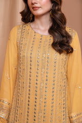 3PC EMBROIDERY CHIFFON SUIT - YELLOW