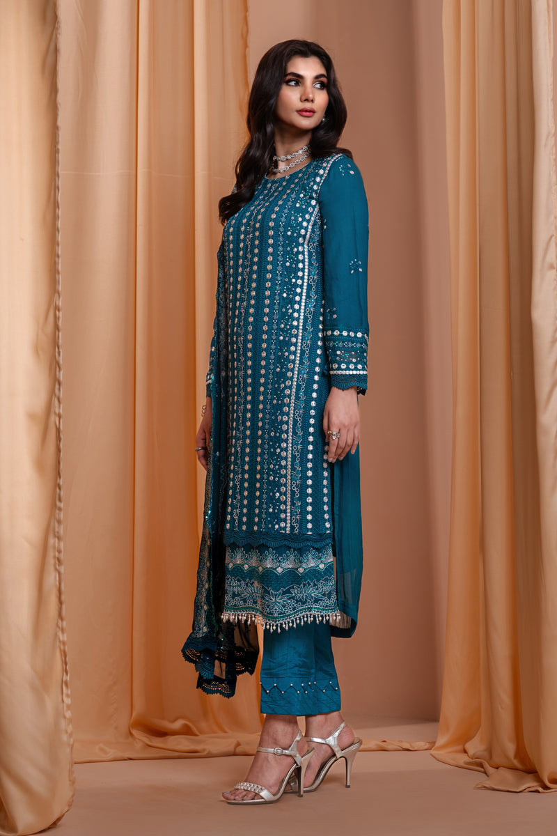 3PC EMBROIDERY CHIFFON SUIT - TEAL