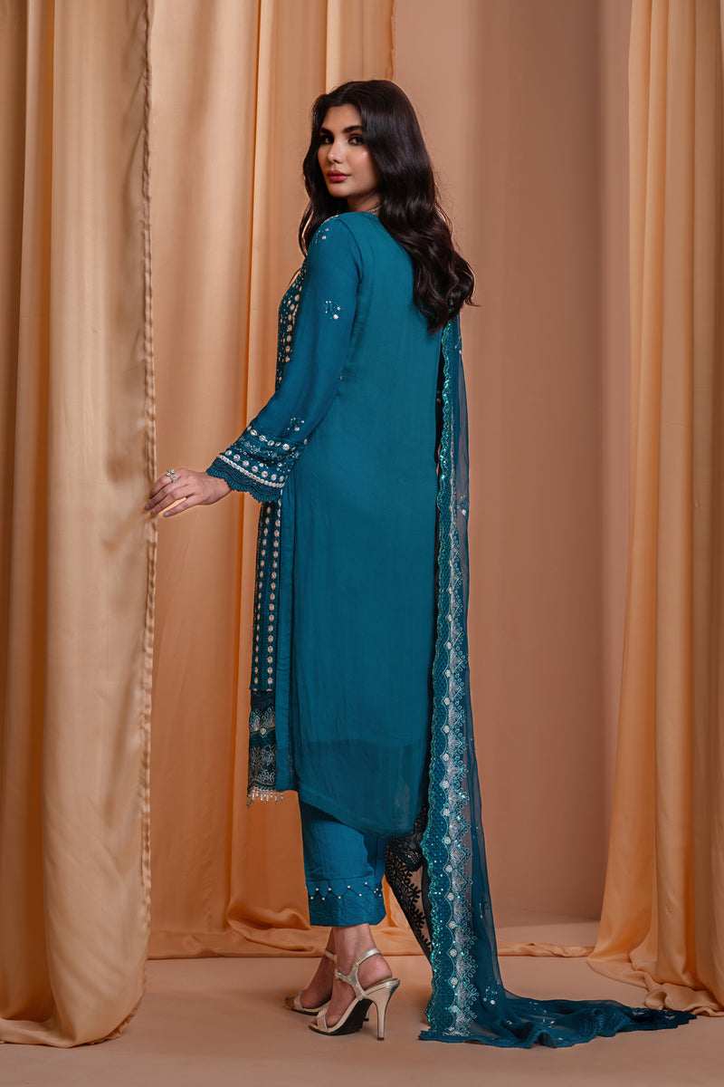 3PC EMBROIDERY CHIFFON SUIT - TEAL