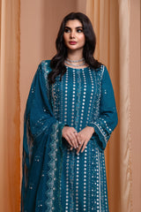 3PC EMBROIDERY CHIFFON SUIT - TEAL