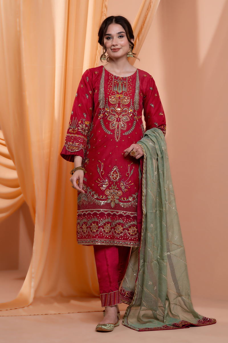 3PC Embroidery Organza Suit - Mahroon