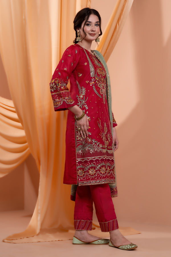 3PC Embroidery Organza Suit - Mahroon