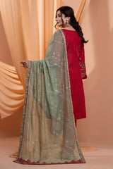 3PC Embroidery Organza Suit - Mahroon