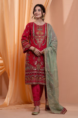 3PC Embroidery Organza Suit - Mahroon