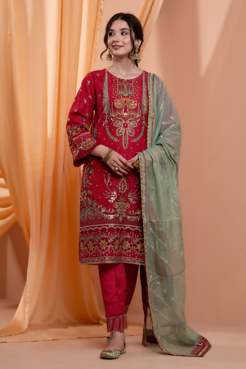 3PC Embroidery Organza Suit - Mahroon