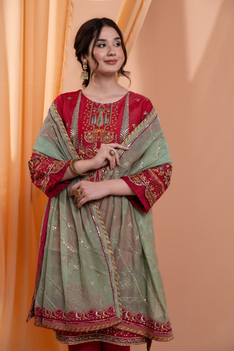 3PC Embroidery Organza Suit - Mahroon