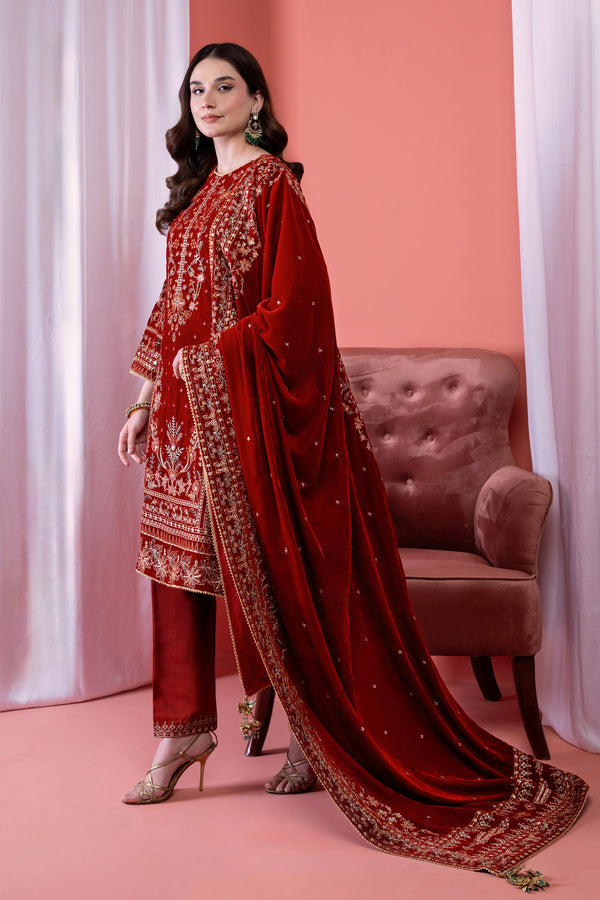 3PC EMBROIDERY VELVET SUIT - RUST