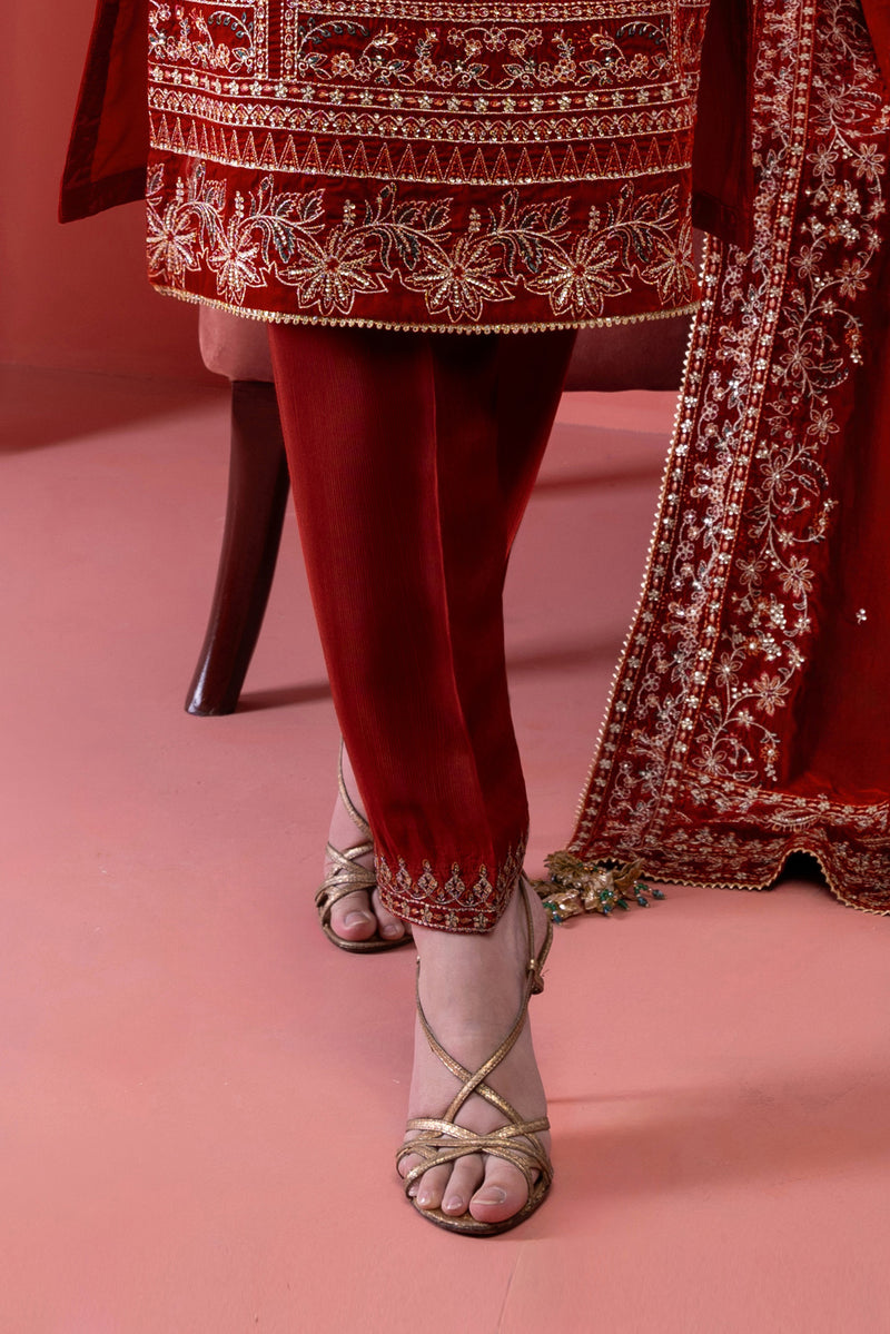 3PC EMBROIDERY VELVET SUIT - RUST