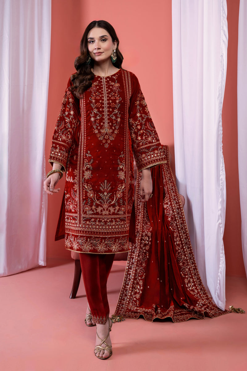 3PC EMBROIDERY VELVET SUIT - RUST