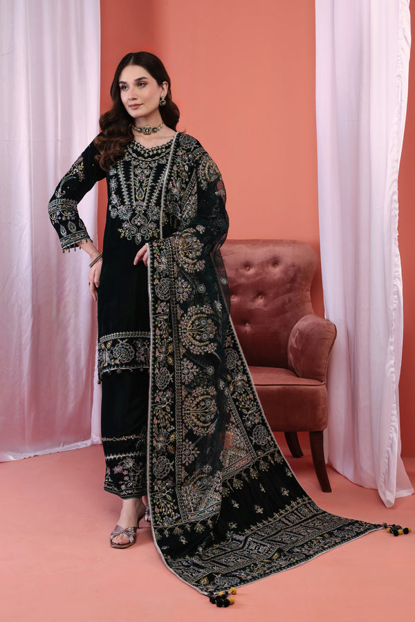 3PC EMBROIDERY VELVET SUIT - GREEN