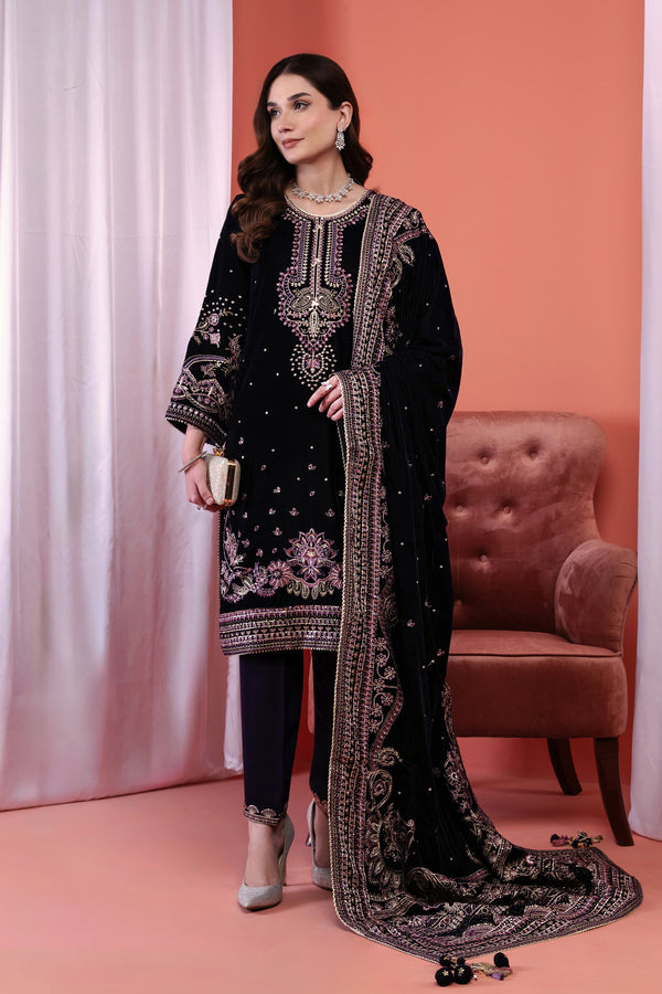3PC EMBROIDERY VELVET SUIT - PURPLE