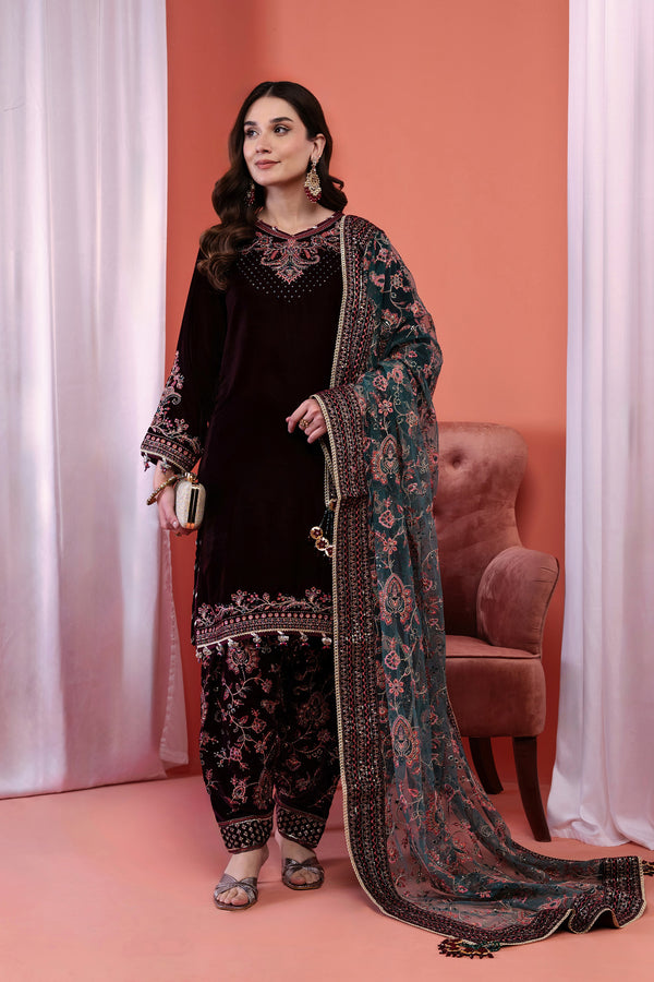 3PC EMBROIDERY VELVET SUIT - VINE