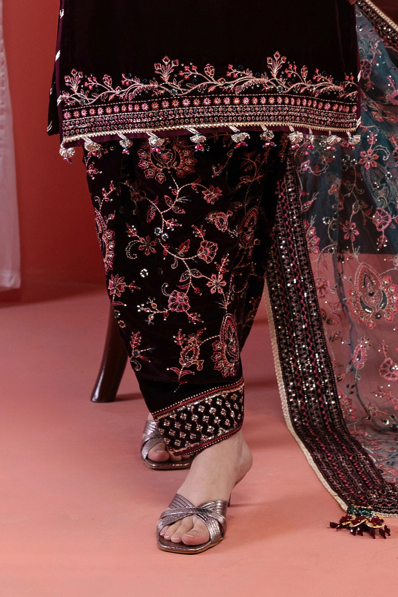 3PC EMBROIDERY VELVET SUIT - VINE