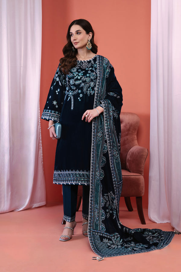 3PC EMBROIDERY VELVET SUIT - ZINC