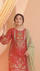 3PC Embroidery Organza Suit - Mahroon