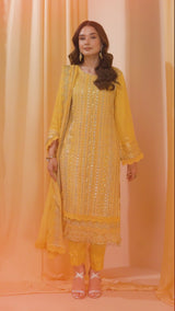 3PC EMBROIDERY CHIFFON SUIT - YELLOW