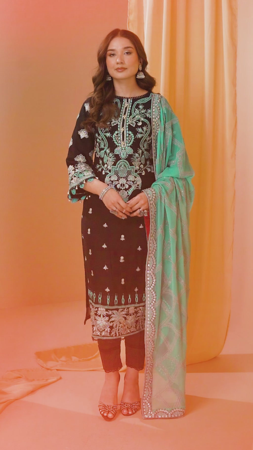 22MWFC1032-Black, Pakistani Indian Eastern Wear Dress, Chiffon With Sequin Work