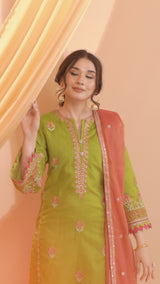 3PC Embroidery Organza Suit - Green