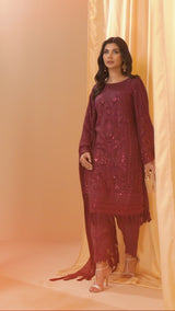 3PC EMBROIDERY CHIFFON SUIT - VINE