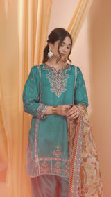 3PC Embroidery Raw Silk Suit - Teal Blue